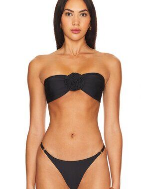 NEW BOAMAR Makis Bikini Top in Black Rosette Strapless Bandeau Swimsuit Medium